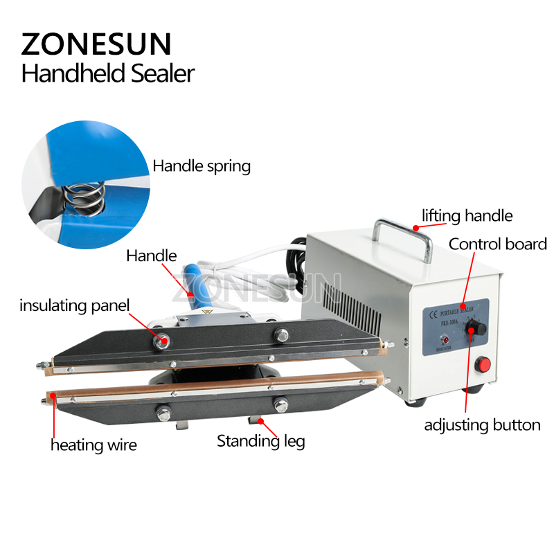 Plastic Bag Impulse Heat Sealer - เครื่องซีลถุงพลาสติกแบบพกพา ZONESUN 400 มม. แบบให้ความร้อนโดยตรง เหมาะสำหรับฟิล์มคอมโพสิตอะลูมิเนียมและฟิล์มสุญญากาศ