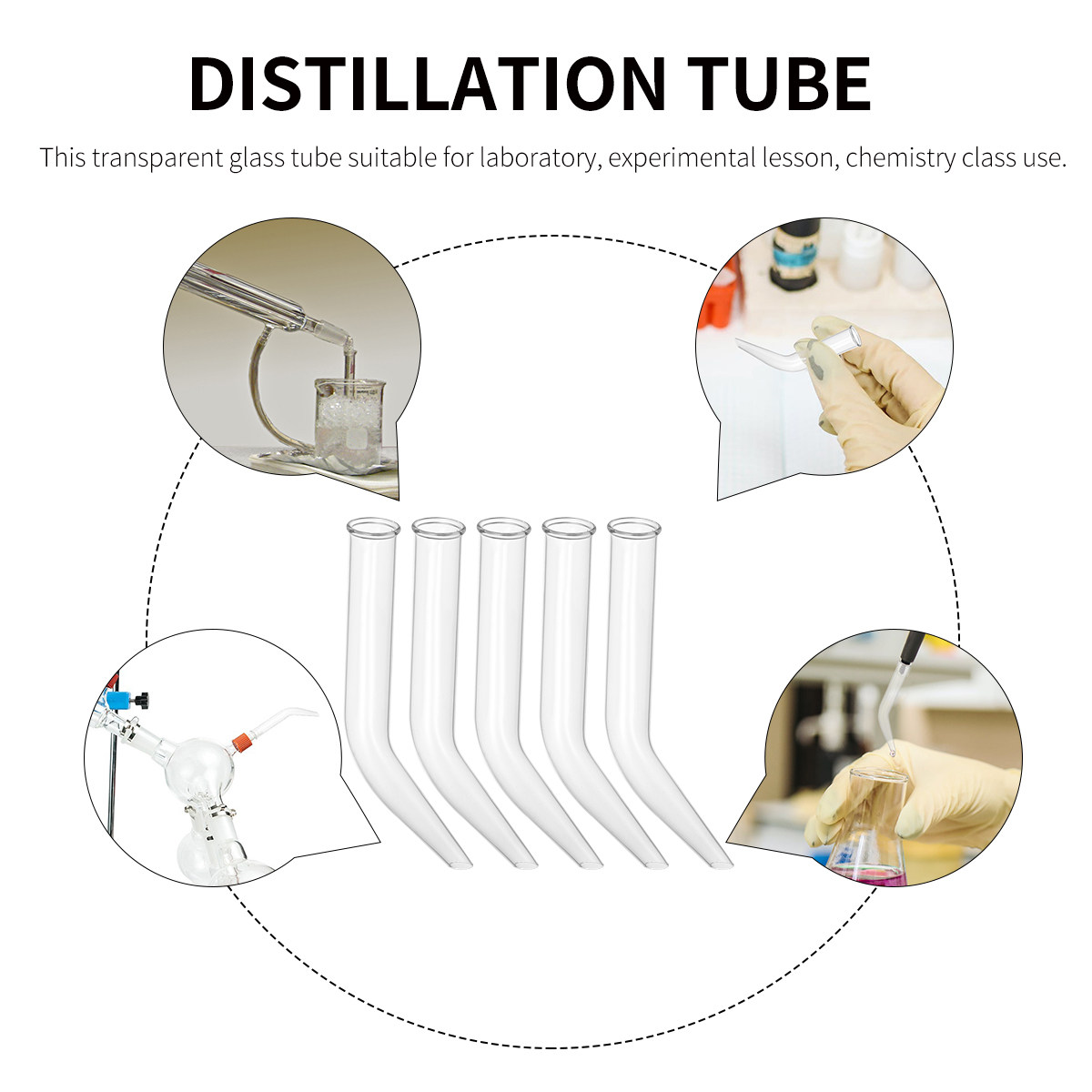 Lab Equipment - หลอดแก้วสำหรับการกลั่น 5 ชิ้น หลอดแก้วใสทรงเขาควาย อุปกรณ์การสอนในห้องปฏิบัติการ พกพาสะดวก